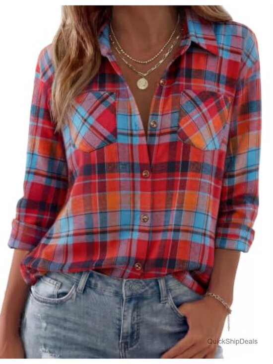 Tops - Vintage Plaid Flannel Shirt with Wooden Buttons and Two Chest Pockets